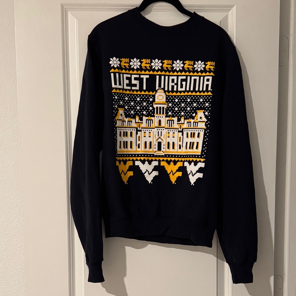 WVU West Virginia University Navy Blue Champion Sweatshirt Winter Holiday Print